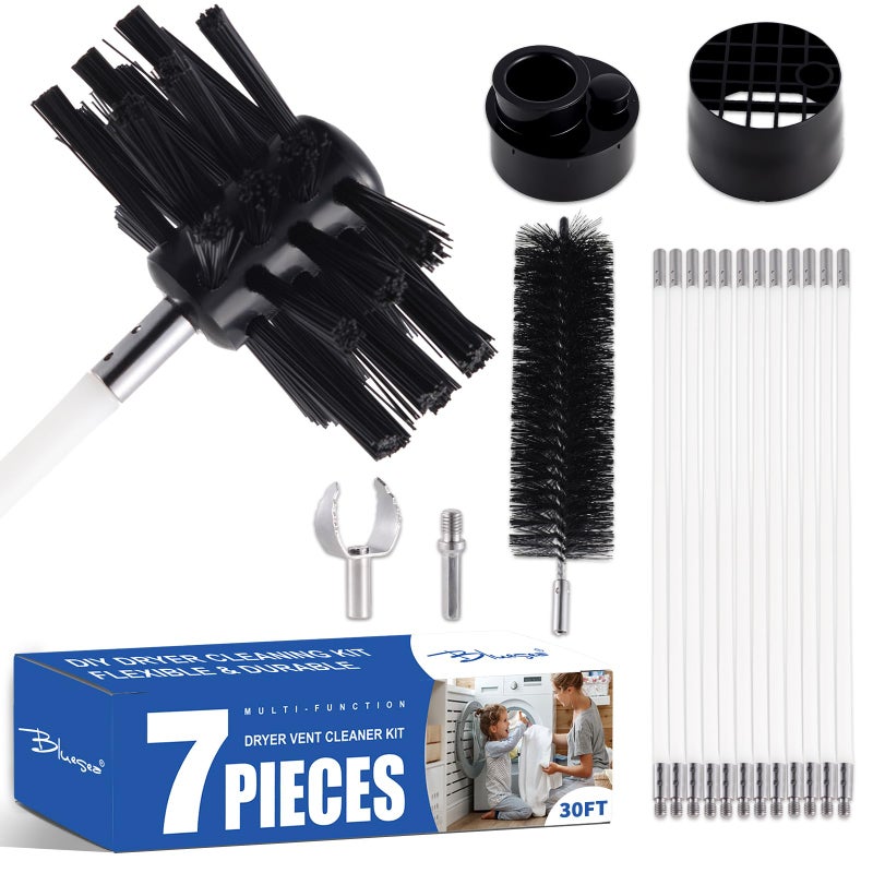 Bluesea 7 Pieces 30 Feet Dryer Vent Cleaner Kit Reinforced Nylon Dryer Vent Cleaning Kit Durable Dryer Vent Brush Vacuum Attachment with Flexible Lint Trap Brush Vacuum  Dryer Adapters