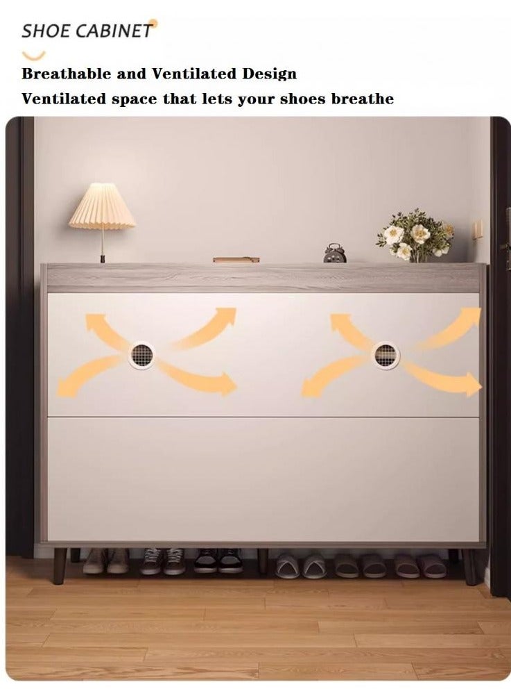 اليسا خزانة أحذية عصرية بأربعة أبواب تفتح بالضغط، ودرج، ورفوف مفتوحة - تخزين بثلاث طبقات، وأرجل معدنية، وسطح عمل بسياج، مقاس 140×30×100 سم - منظم أنيق للمدخل - Image 4