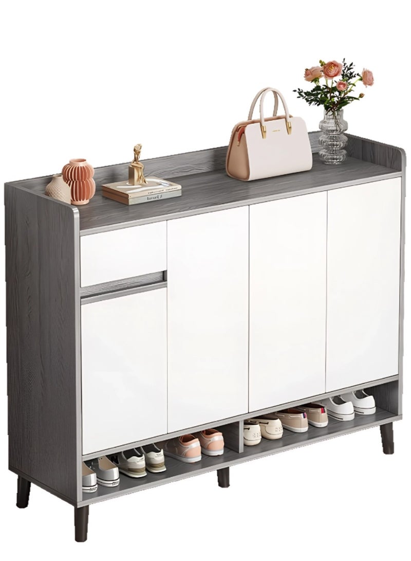 اليسا خزانة أحذية عصرية بأربعة أبواب تفتح بالضغط، ودرج، ورفوف مفتوحة - تخزين بثلاث طبقات، وأرجل معدنية، وسطح عمل بسياج، مقاس 140×30×100 سم - منظم أنيق للمدخل - Image 1