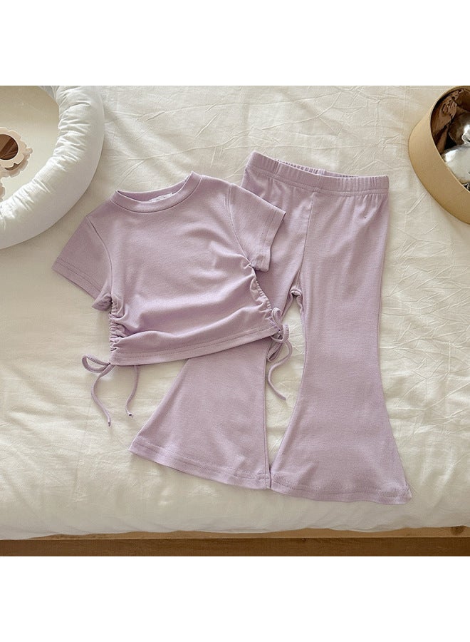 Girls' Summer Two-piece Set Baby Summer Short-sleeved Drawstring Korean Style Soft Glutinous Flared Pants Trousers Two-piece Set
