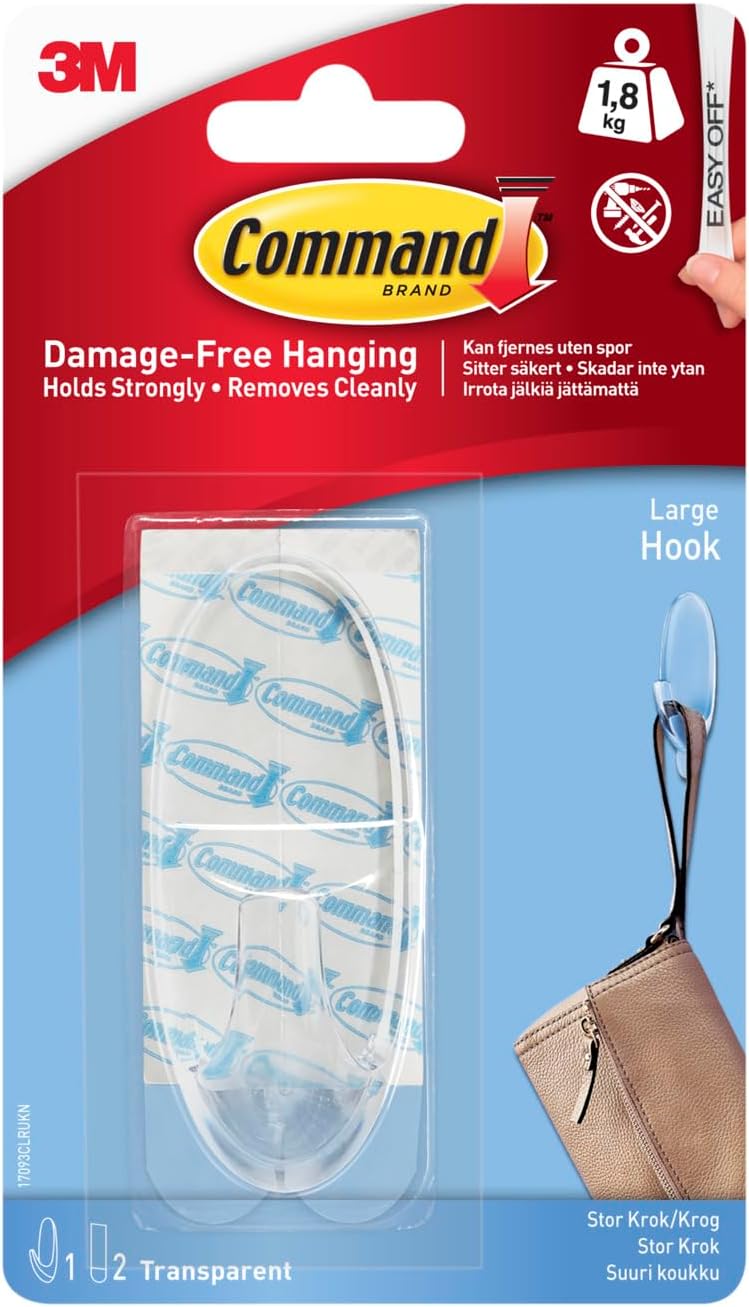 Command Transparent Large Hook | Holds 1.8 kg each hook| Clear color | Organize | Decoration | No Tools | Holds Strongly | Damage-Free Hanging | 1 hook + 2 strips/pack - Image 1