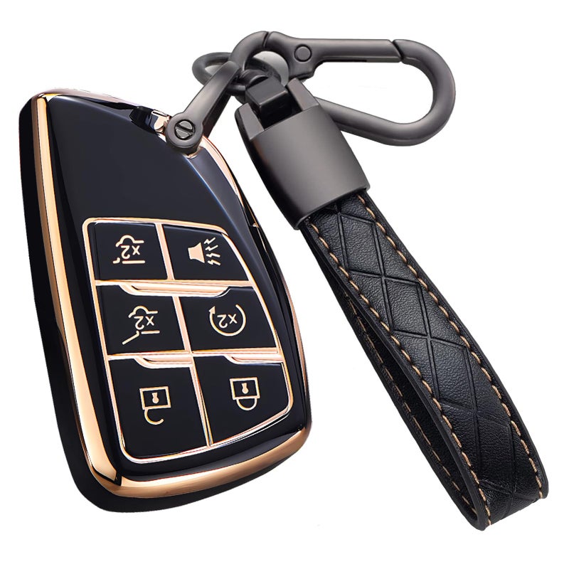 Cacacar Key Fob Cover for Chevy GMC with Keychain, Tahoe Suburban Equinox Traverse Yukon Denali Terrain Buick Envision Premium Soft TPU Case (6 Buttons Black) - Image 1