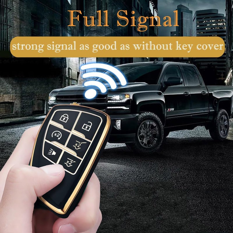 Cacacar Key Fob Cover for Chevy GMC with Keychain, Tahoe Suburban Equinox Traverse Yukon Denali Terrain Buick Envision Premium Soft TPU Case (6 Buttons Black) - Image 3