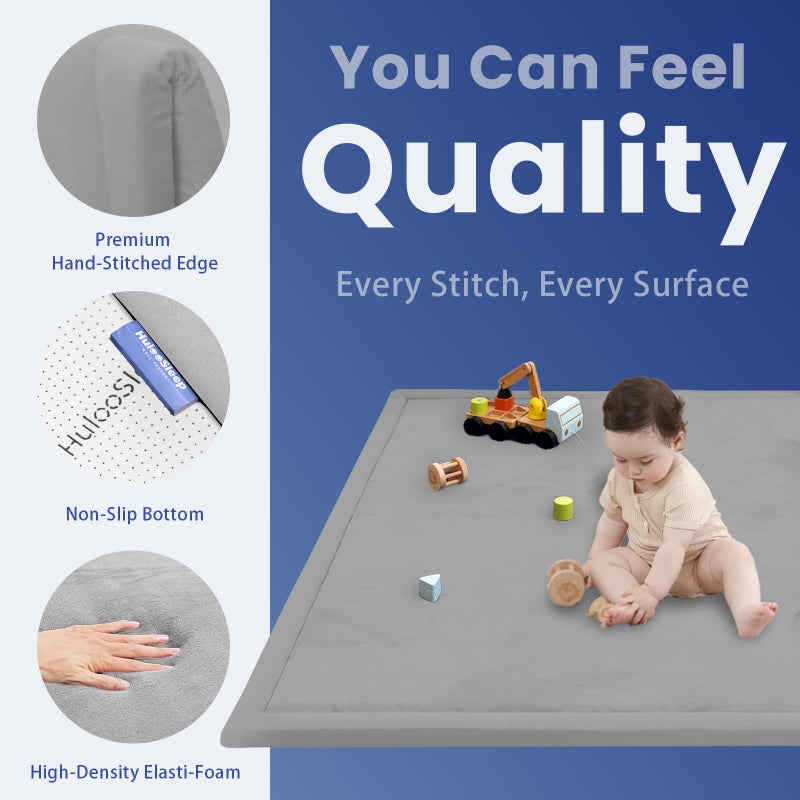 Huloo Sleep Baby Play Mat for Floor,1.3" Thick Elasti-Foam 74Ã—50 Playpen Mat for Toddlers Infant Kids,Water-Repellent Soft Coral Velvet for Tummy Time, Non-Slip Backing for Crawling,Tatami Style(Light Grey) - Image 2