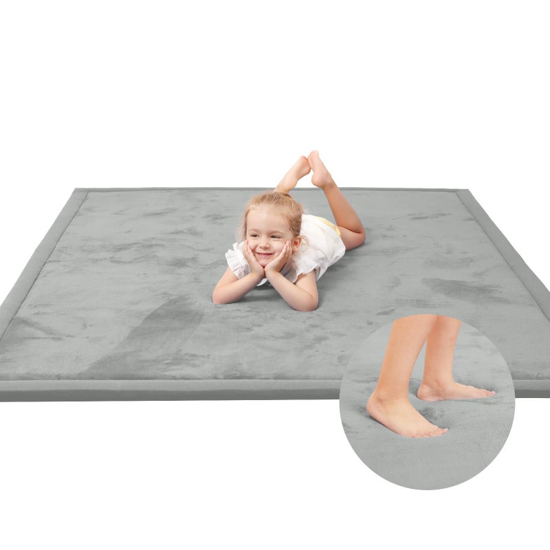 Huloo Sleep Baby Play Mat for Floor,1.3" Thick Elasti-Foam 74Ã—50 Playpen Mat for Toddlers Infant Kids,Water-Repellent Soft Coral Velvet for Tummy Time, Non-Slip Backing for Crawling,Tatami Style(Light Grey) - Image 1