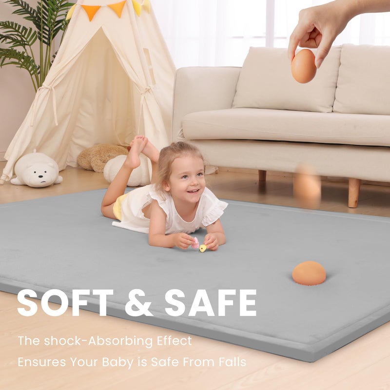 Huloo Sleep Baby Play Mat for Floor,1.3" Thick Elasti-Foam 74Ã—50 Playpen Mat for Toddlers Infant Kids,Water-Repellent Soft Coral Velvet for Tummy Time, Non-Slip Backing for Crawling,Tatami Style(Light Grey) - Image 4
