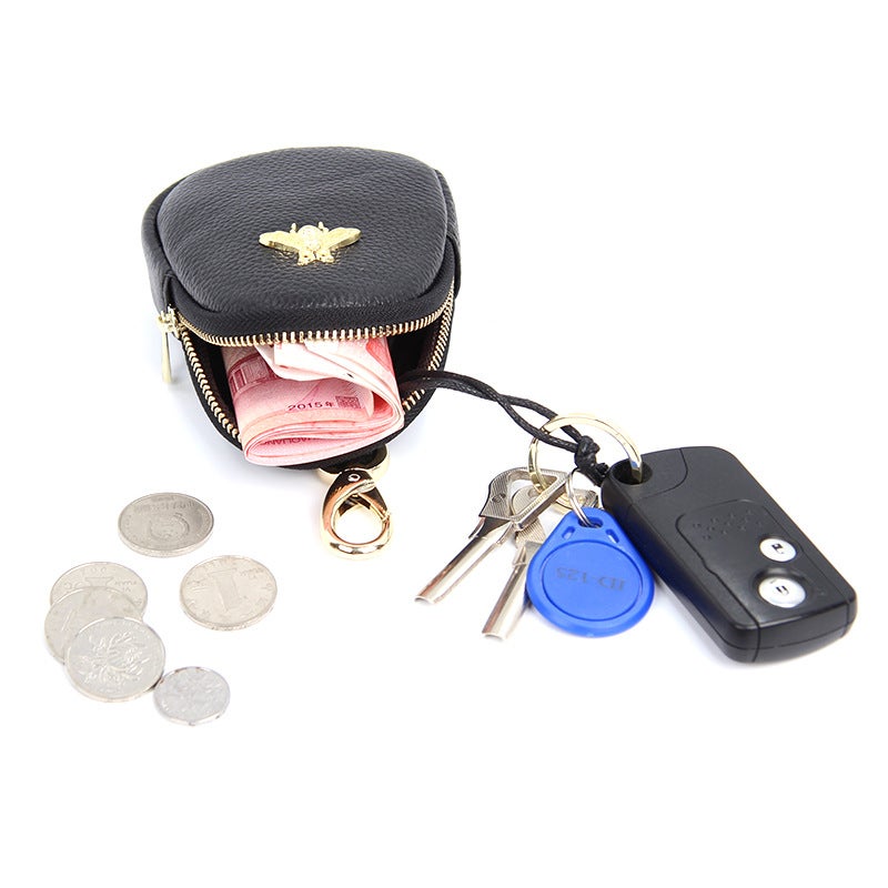 Top Layer Cowhide Bee Mini Small Wallet Zipper Coin Purse Small Bag With Key Bag Coin Bag For Girls - Image 2