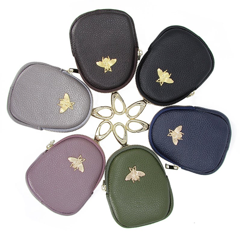 Top Layer Cowhide Bee Mini Small Wallet Zipper Coin Purse Small Bag With Key Bag Coin Bag For Girls - Image 3