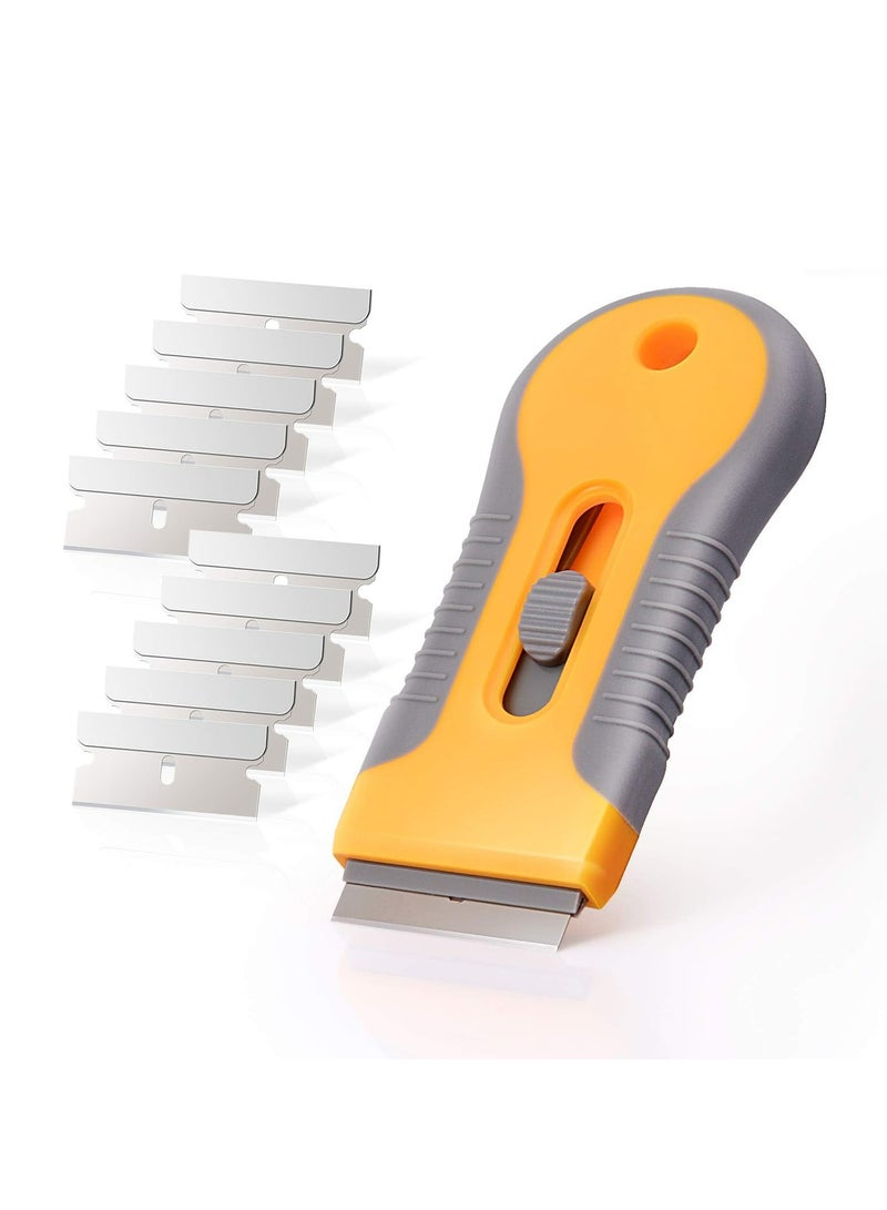Ceramic Scraper,Ceramic Scraper Car Sticker Remover Glass Stove Top Razor Scraper Label,Glue,Paint,Adhesive Remover Tool + 10pcs Stainless Steel Razor Blades (Yellow) - Image 1
