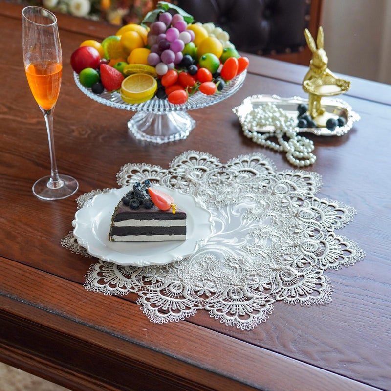 ARTABLE Lace Doily Placemats Round Lace Place Doilies Embroidered Flower Cup Mat Vase Mat for Table Topper Home Decoration Dinner Table (16''Round, Stone Grey) - Image 3