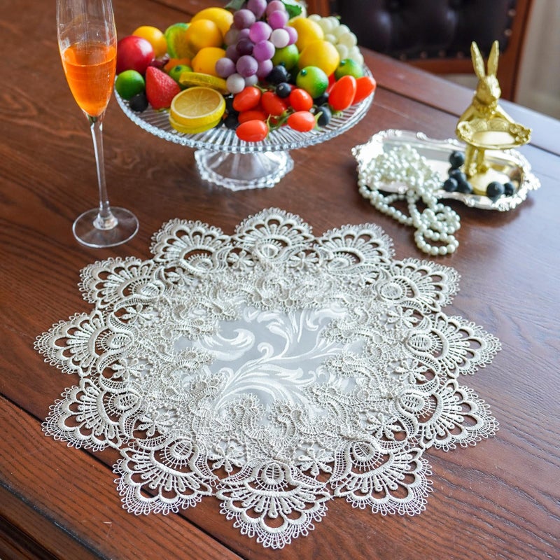 ARTABLE Lace Doily Placemats Round Lace Place Doilies Embroidered Flower Cup Mat Vase Mat for Table Topper Home Decoration Dinner Table (16''Round, Stone Grey) - Image 1