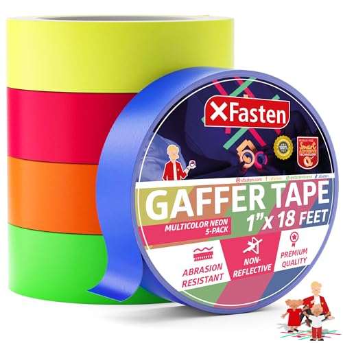 XFasten Multicolor Neon Gaffer Tape, 1-inch x 18-feet Multipurpose Gaffers Tape (5-Pack), UV Backlight Reactive Fluorescent Pro Gaff Tape, Heavy Duty Matte Fluorescent Gaffers Tape - Image 1