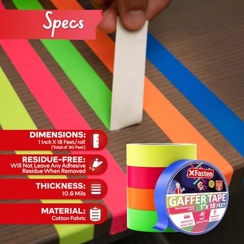 XFasten Multicolor Neon Gaffer Tape, 1-inch x 18-feet Multipurpose Gaffers Tape (5-Pack), UV Backlight Reactive Fluorescent Pro Gaff Tape, Heavy Duty Matte Fluorescent Gaffers Tape - Image 2
