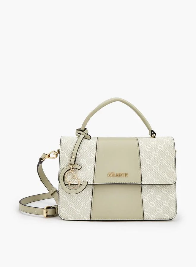 Celeste Monogram Print Satchel Bag With Flap Closure