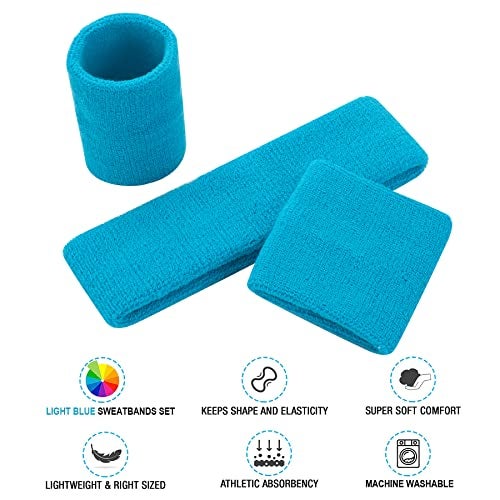 FACATH Sweatbands Headband and Wrist Set, Cotton Sweat Band for Athletic Men and Women, Sweatbands Sports Headbands for Working Out, Running, Basketball, Tennis, Yoga (Light Blue) - Image 2