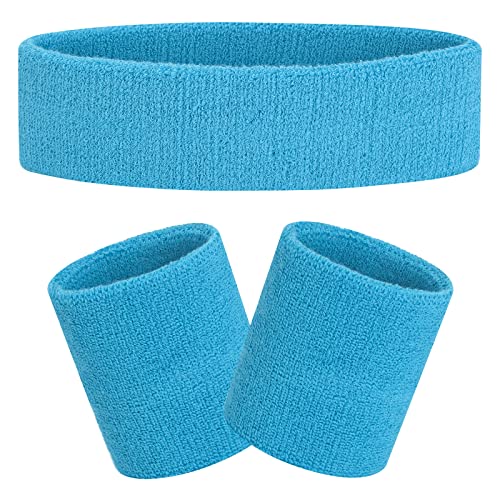 FACATH Sweatbands Headband and Wrist Set, Cotton Sweat Band for Athletic Men and Women, Sweatbands Sports Headbands for Working Out, Running, Basketball, Tennis, Yoga (Light Blue) - Image 1