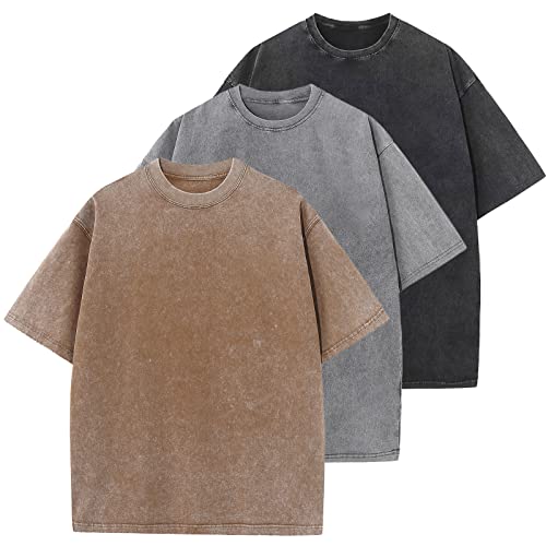 KEEPSHOWING 3 Pcs Oversized Heavy Cotton Summer T-Shirts Vintage Unisex Short Sleeves Casual Loose Basic Tops(A-Coffee+Grey+Black M) - Image 1