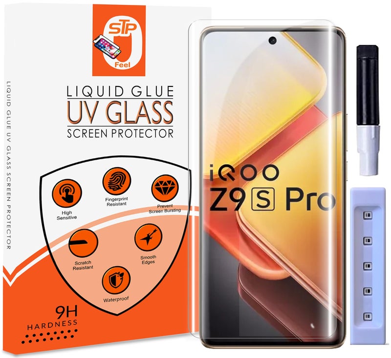 STP FEEL® UV Premium Tempered Glass Screen Protector Guard Compatible For IQOO Z9s 5G / IQOO Z9s Pro 5G (6.77 Inch, Pack of 1) Full Adhesive UV Curved Case Friendly HD Clarity - Image 1