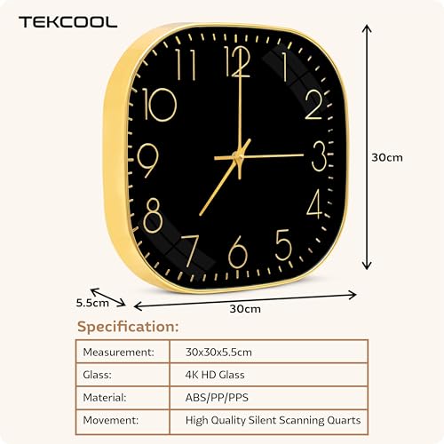 TEKCOOL Plastic Analogue Wall Clock 12" Silent Quartz Decorative Latest Wall Clock Non-Ticking Classic Clock Battery Operated Round Easy to Read for Room/Home/Kitchen/Bedroom/Office/School.Gold Black. - Image 3
