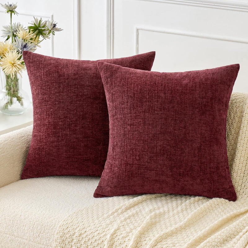 MIULEE MIULEE Pack of 2 Wine Red Couch Throw Pillow Covers 18x18 Inch Soft Chenille Pillow Covers for Sofa Living Room Solid Dyed Pillow Cases