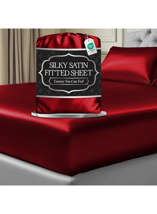 DECOLURE Satin Fitted Sheet Queen Size (1 PC) – Luxuriously Smooth & Softer Than Silk Bed Sheets w/ 15 Inch Deep Pocket Hypoallergenic Wrinkle Free, Secure Snug Fit, Elastic Corner Straps (Red) - Image 1