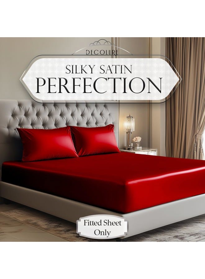 DECOLURE Satin Fitted Sheet Queen Size (1 PC) – Luxuriously Smooth & Softer Than Silk Bed Sheets w/ 15 Inch Deep Pocket Hypoallergenic Wrinkle Free, Secure Snug Fit, Elastic Corner Straps (Red) - Image 2