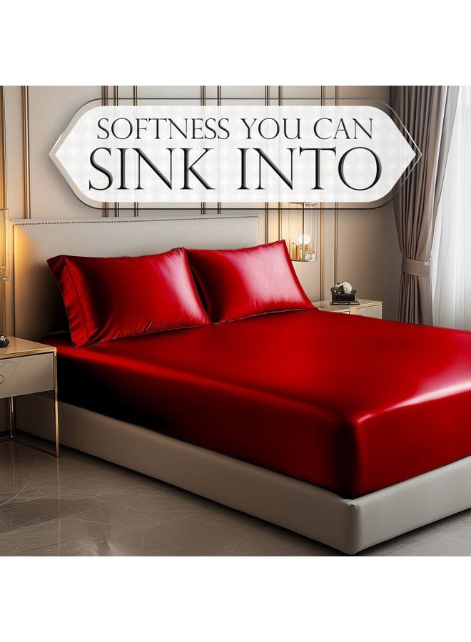 DECOLURE Satin Fitted Sheet Queen Size (1 PC) – Luxuriously Smooth & Softer Than Silk Bed Sheets w/ 15 Inch Deep Pocket Hypoallergenic Wrinkle Free, Secure Snug Fit, Elastic Corner Straps (Red) - Image 4