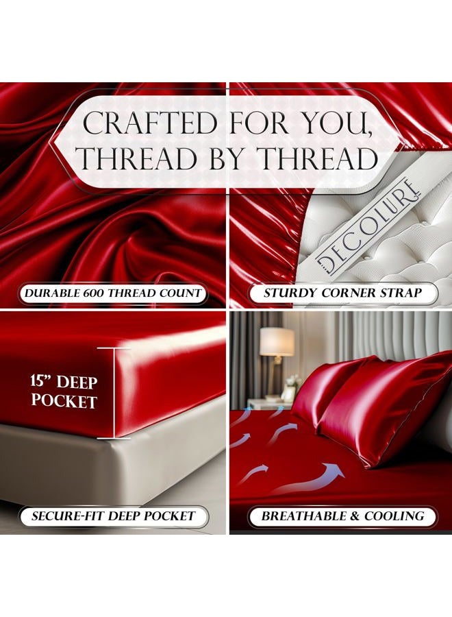 DECOLURE Satin Fitted Sheet Queen Size (1 PC) – Luxuriously Smooth & Softer Than Silk Bed Sheets w/ 15 Inch Deep Pocket Hypoallergenic Wrinkle Free, Secure Snug Fit, Elastic Corner Straps (Red) - Image 3