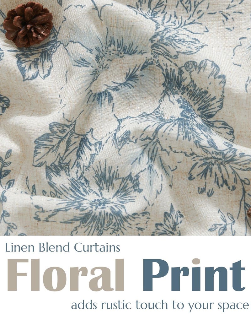 jinchan Floral Linen Tier Curtains 36 Inch Farmhouse Cafe Curtains Tie Top Botanic Drapes for Small Windows Over Sink for Kitchen Country Rustic Laundry Room Bathroom RV 2 Panels Blue on Beige - Image 4