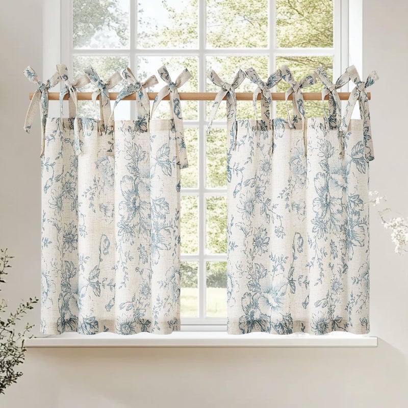 jinchan Floral Linen Tier Curtains 36 Inch Farmhouse Cafe Curtains Tie Top Botanic Drapes for Small Windows Over Sink for Kitchen Country Rustic Laundry Room Bathroom RV 2 Panels Blue on Beige - Image 1