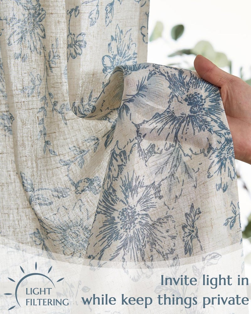 jinchan Floral Linen Tier Curtains 36 Inch Farmhouse Cafe Curtains Tie Top Botanic Drapes for Small Windows Over Sink for Kitchen Country Rustic Laundry Room Bathroom RV 2 Panels Blue on Beige - Image 3