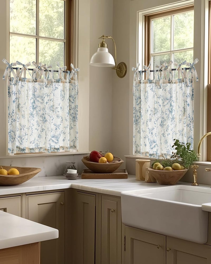 jinchan Floral Linen Tier Curtains 36 Inch Farmhouse Cafe Curtains Tie Top Botanic Drapes for Small Windows Over Sink for Kitchen Country Rustic Laundry Room Bathroom RV 2 Panels Blue on Beige - Image 2