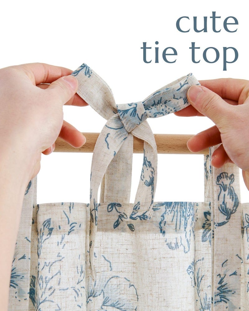 jinchan Floral Linen Tier Curtains 36 Inch Farmhouse Cafe Curtains Tie Top Botanic Drapes for Small Windows Over Sink for Kitchen Country Rustic Laundry Room Bathroom RV 2 Panels Blue on Beige - Image 5