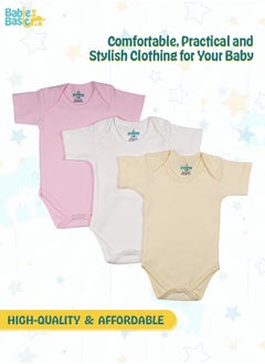 Babies Basic 100% Super Soft Cotton, Short Sleeves Romper/Bodysuit, For New Born To 24Months, Set Of 3 - Pink, Lemon, Cream  - Image 2