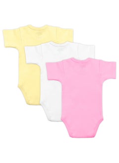Babies Basic 100% Super Soft Cotton, Short Sleeves Romper/Bodysuit, For New Born To 24Months, Set Of 3 - Pink, Lemon, Cream  - Image 5