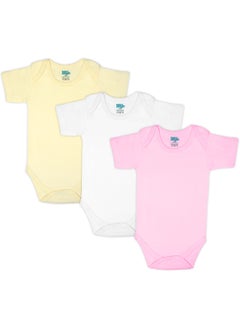 Babies Basic 100% Super Soft Cotton, Short Sleeves Romper/Bodysuit, For New Born To 24Months, Set Of 3 - Pink, Lemon, Cream  - Image 1