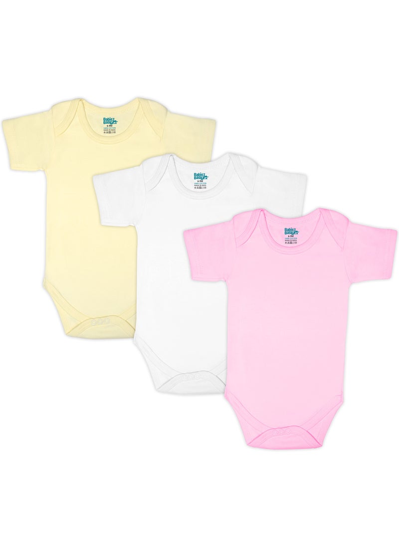 Babies Basic 100% Super Soft Cotton, Short Sleeves Romper/Bodysuit, For New Born To 24Months, Set Of 3 - Pink, Lemon, Cream  - Image 1