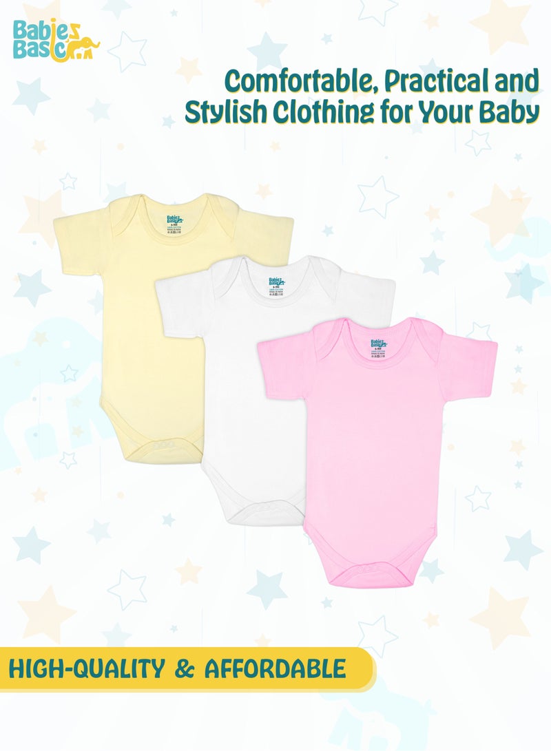 Babies Basic 100% Super Soft Cotton, Short Sleeves Romper/Bodysuit, For New Born To 24Months, Set Of 3 - Pink, Lemon, Cream  - Image 2