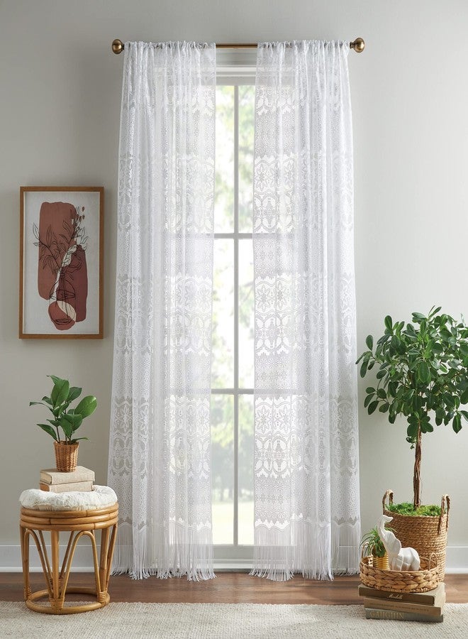 CHF Boho Curtains Sheer Curtains Lace Vintage Tassel Fringe Window Curtain Panel for Bedroom, Living Room, Dorm Room, Rod Pocket, 1 Panel, 60” W x 84”L, White - Image 1