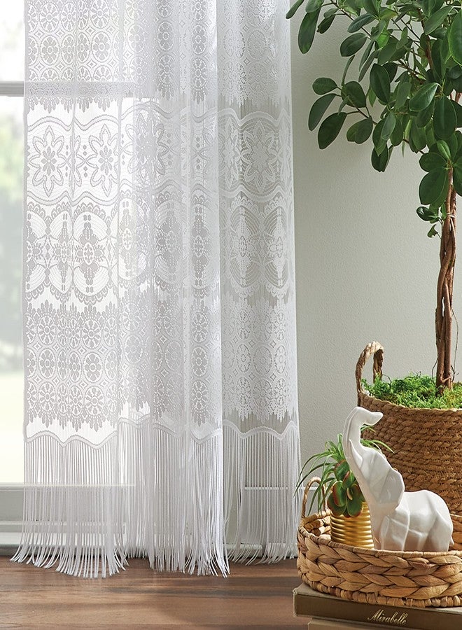 CHF Boho Curtains Sheer Curtains Lace Vintage Tassel Fringe Window Curtain Panel for Bedroom, Living Room, Dorm Room, Rod Pocket, 1 Panel, 60” W x 84”L, White - Image 3