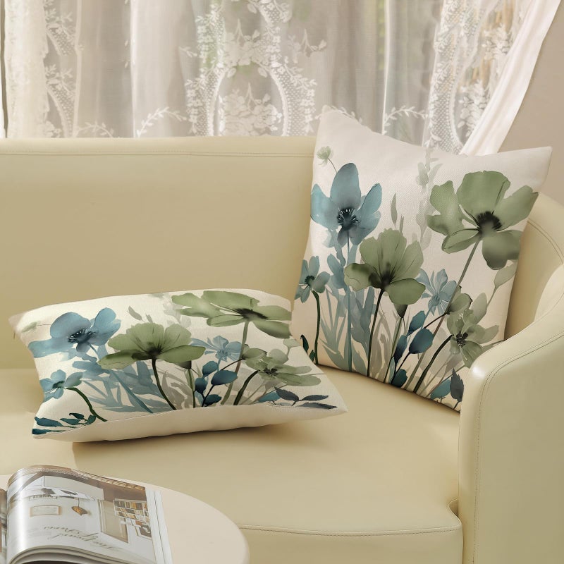JEFERSO Floral Pillow Covers 18x18 Inch Set of 2 Blue Sage Green Throw Pillows Vintage Flowers Seasonal Decorative Spring Summer Outdoor Pillow Cases Farmhouse Linen Cushion Cover for Couch Home Decor - Image 5