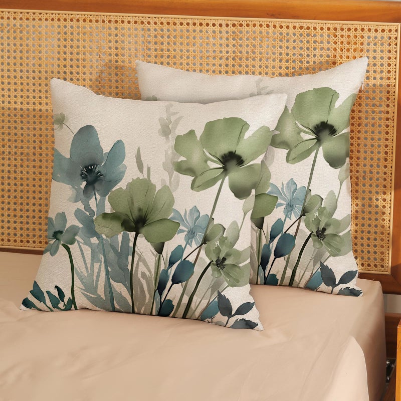 JEFERSO Floral Pillow Covers 18x18 Inch Set of 2 Blue Sage Green Throw Pillows Vintage Flowers Seasonal Decorative Spring Summer Outdoor Pillow Cases Farmhouse Linen Cushion Cover for Couch Home Decor - Image 3