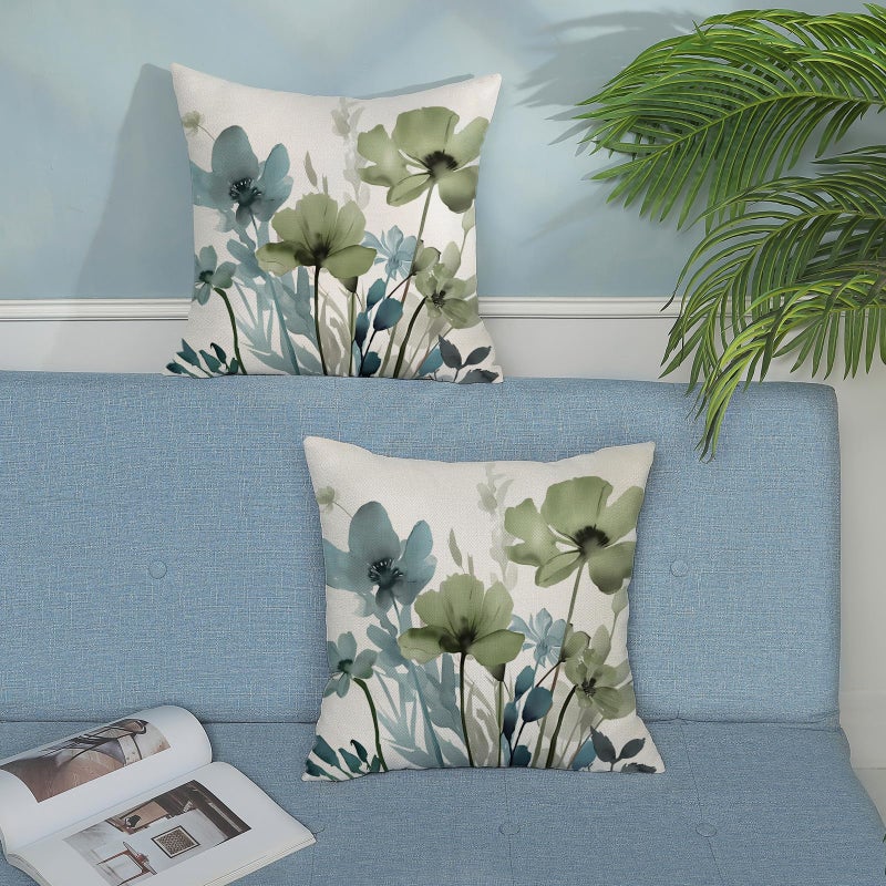 JEFERSO Floral Pillow Covers 18x18 Inch Set of 2 Blue Sage Green Throw Pillows Vintage Flowers Seasonal Decorative Spring Summer Outdoor Pillow Cases Farmhouse Linen Cushion Cover for Couch Home Decor - Image 4