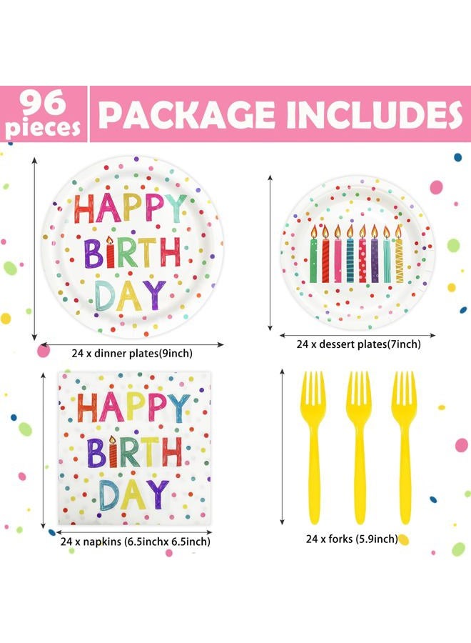 Koeilay 96 Pcs Birthday Party Supplies Disposable Tableware Set with Colorful Dots Design Include Birthday Plates and Napkins Plastic Forks Birthday Party Decorations, Serve 24 Guests - Image 2