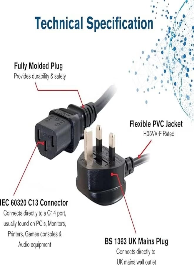1.5m (5ft) PC Power Cable - UK Power Cord with Fuse, Heavy Duty 3-Pin AC Cable with Pure Copper Wire and Built-in Fuse - For PC, Monitor, TV, Printer, Copier, and Shredder - Black - Image 3