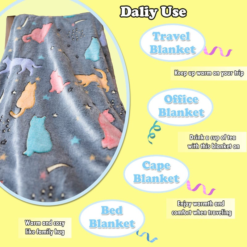 SYMI SMMR Christmas Best Gift Glow in The Dark Cute Cat Throw Blanket with Storage Bag, Soft Throw Blanket for Girls Boys, Birthday, Girls Blanket Kids Blanket,Day Care Home Travel Use,50"x60" Grey - Image 4