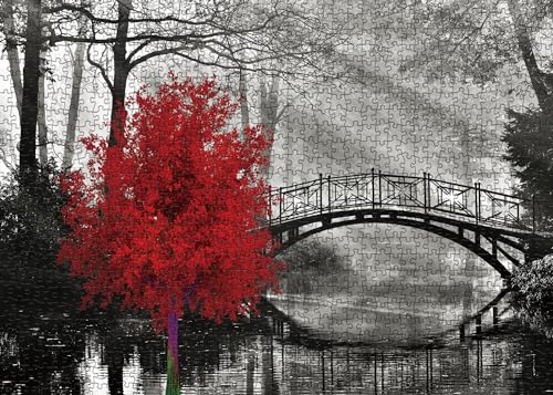BBOLDIN Scarlet Solitude Classic Puzzles for Adults 1000 Pieces Black and White Bridge and Red Tree Jigsaw Puzzles Wall Art Puzzles for Adults Decor - Image 1