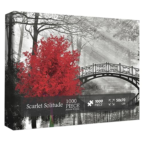 BBOLDIN Scarlet Solitude Classic Puzzles for Adults 1000 Pieces Black and White Bridge and Red Tree Jigsaw Puzzles Wall Art Puzzles for Adults Decor - Image 5