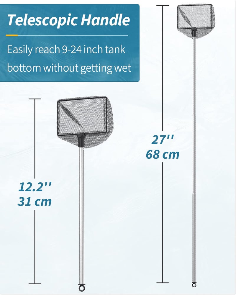 Pawfly 4 Inch Aquarium Fish Net with Telescopic Stainless Steel Handle Small Square Net with Soft Fine Mesh Sludge Food Residue Wastes Skimming Cleaning Net for Fish Tanks Small Koi Ponds and Pools - Image 5