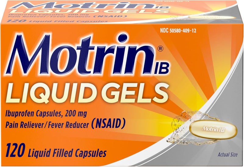 Motrin IB Liquid Gels with 200mg Ibuprofen per Caplet, Pain Reliever & Fever Reducer for Adults, Relief from Minor Arthritis Pain, Muscle Aches, Headache, Menstrual Cramps & Backache, 120 ct